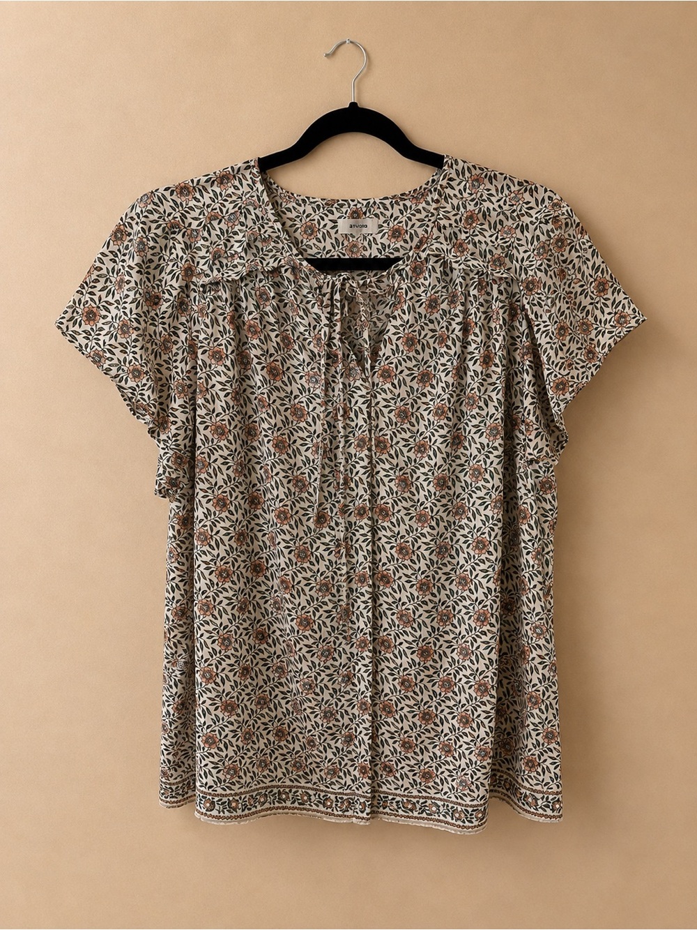 Max Studio Beige Floral Tie-Neck Short Sleeve Tunic